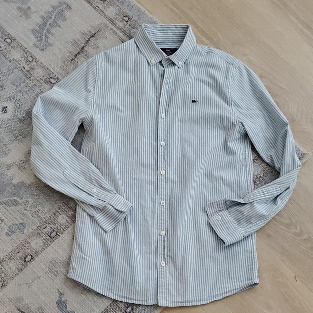Vineyard Vines Boy Blue White Striped Cotton Spandex Whale Button Down Shirt SzL